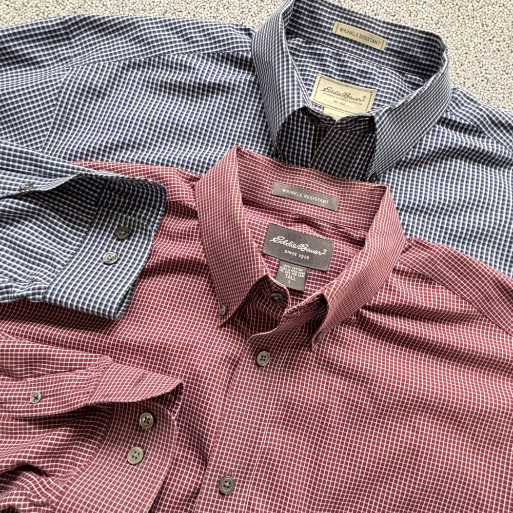VTG Eddie Bauer Button Down Shirt LOT L Tall Blue Burgundy Micro Check Outdoorsy